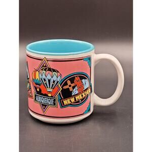 New Mexico Tourist Mug Coffee Cup Vtg 90s Pink Aqua Santa Fe Taos Albuquerque